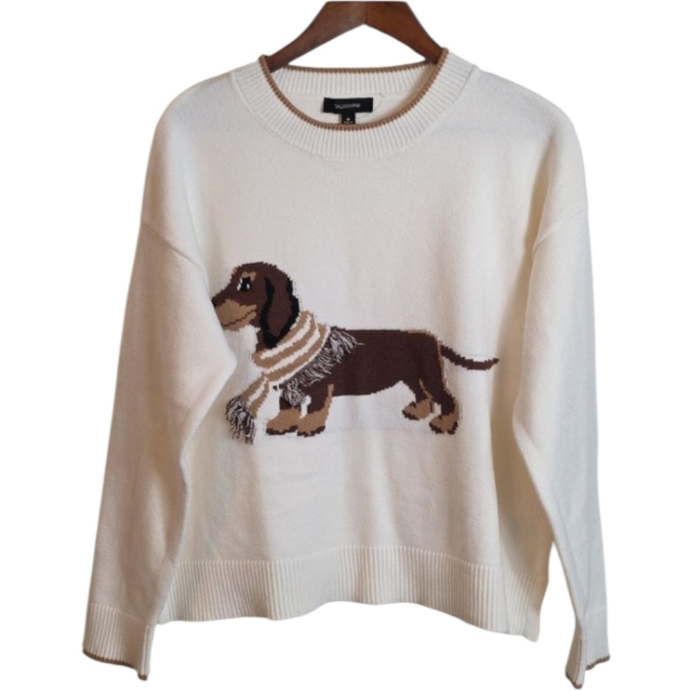 Calligraphie Dachshund Dog Intarsia Knit Crew Neck Sweater Cream Brown Medium - Picture 3 of 17